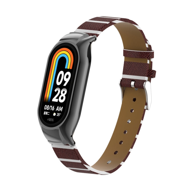 For Xiaomi Mi Band 8 Integrated Metal Case + Secondary Color Leather Watch Band(Coffee)