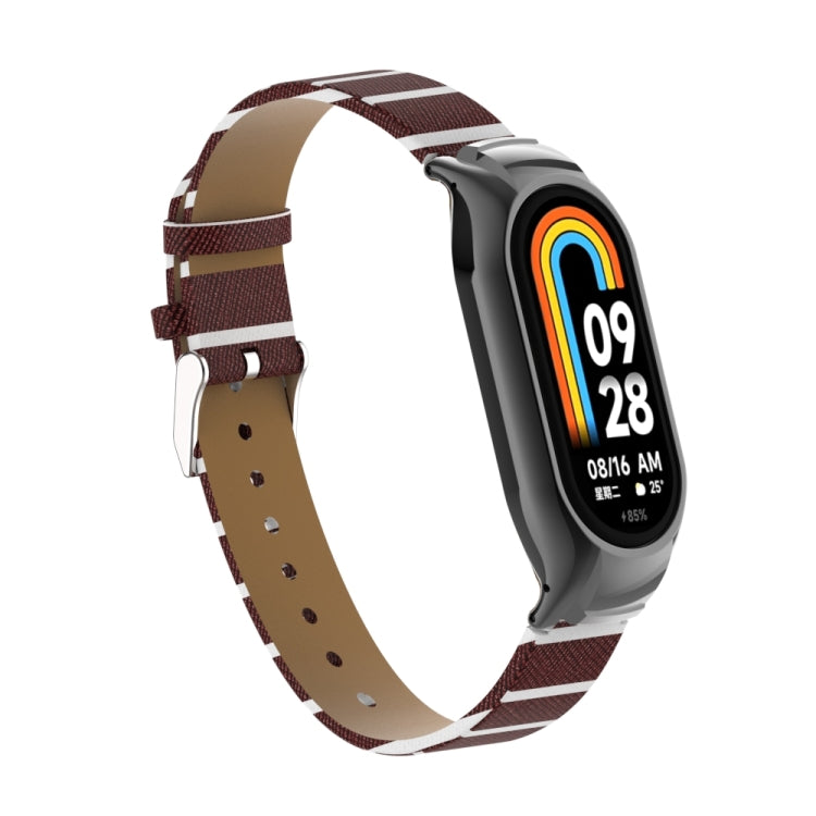 For Xiaomi Mi Band 8 Integrated Metal Case + Secondary Color Leather Watch Band(Coffee)