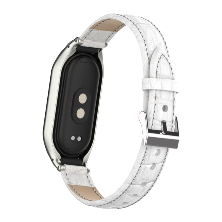 For Xiaomi Mi Band 8 Integrated Metal Case + Cocodile Texture Leather Watch Band(White)