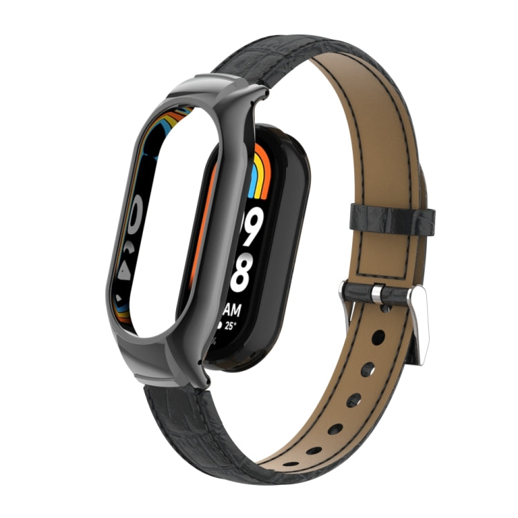 For Xiaomi Mi Band 8 Integrated Metal Case + Cocodile Texture Leather Watch Band(Black)