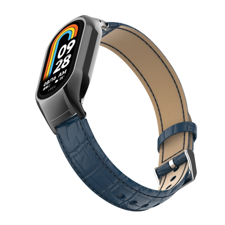 For Xiaomi Mi Band 8 Integrated Metal Case + Cocodile Texture Leather Watch Band(Blue)