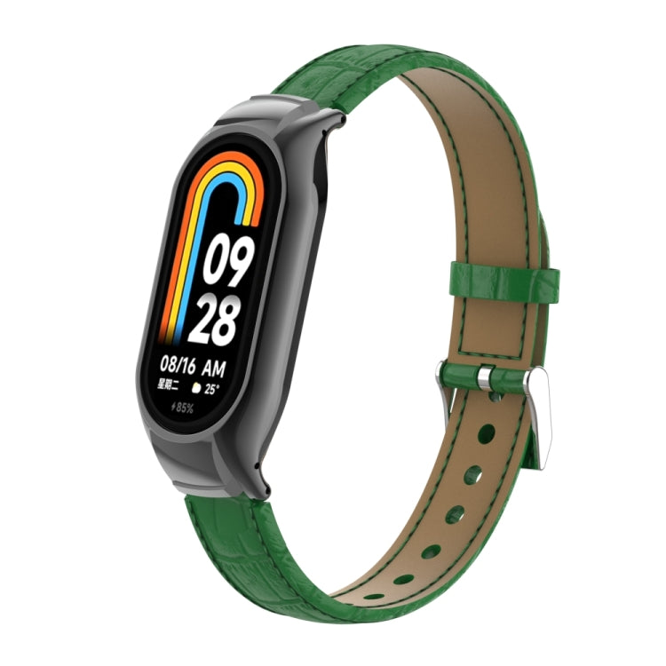 For Xiaomi Mi Band 8 Integrated Metal Case + Cocodile Texture Leather Watch Band(Green)