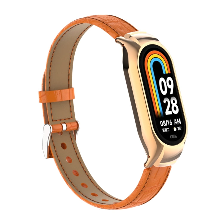 For Xiaomi Mi Band 8 Integrated Metal Case + Cocodile Texture Leather Watch Band(Orange)