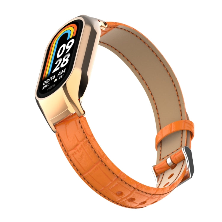 For Xiaomi Mi Band 8 Integrated Metal Case + Cocodile Texture Leather Watch Band(Orange)