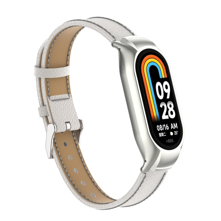 For Xiaomi Mi Band 8 Integrated Metal Case + Litchi Texture Leather Watch Band(White)