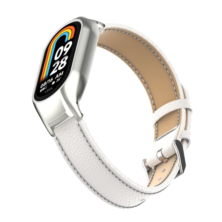 For Xiaomi Mi Band 8 Integrated Metal Case + Litchi Texture Leather Watch Band(White)