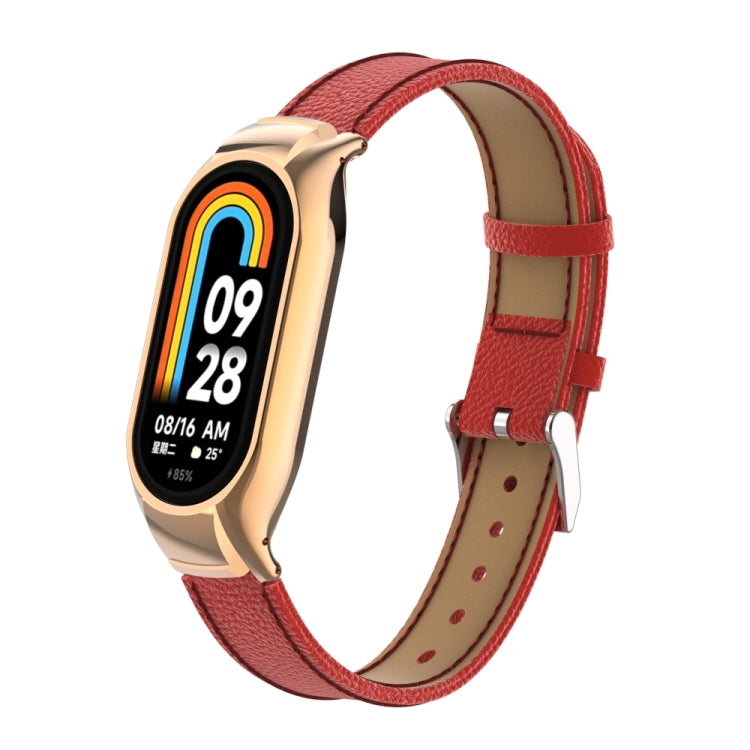 For Xiaomi Mi Band 8 Integrated Metal Case + Litchi Texture Leather Watch Band(Red)