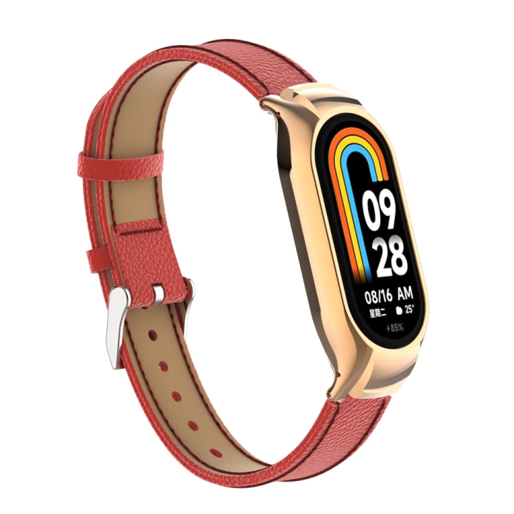 For Xiaomi Mi Band 8 Integrated Metal Case + Litchi Texture Leather Watch Band(Red)