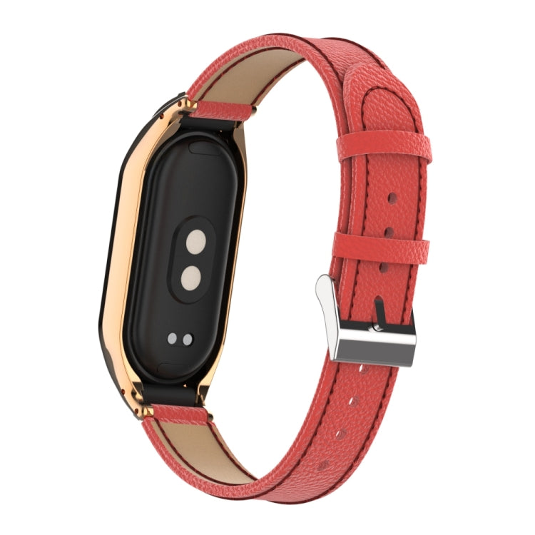 For Xiaomi Mi Band 8 Integrated Metal Case + Litchi Texture Leather Watch Band(Red)