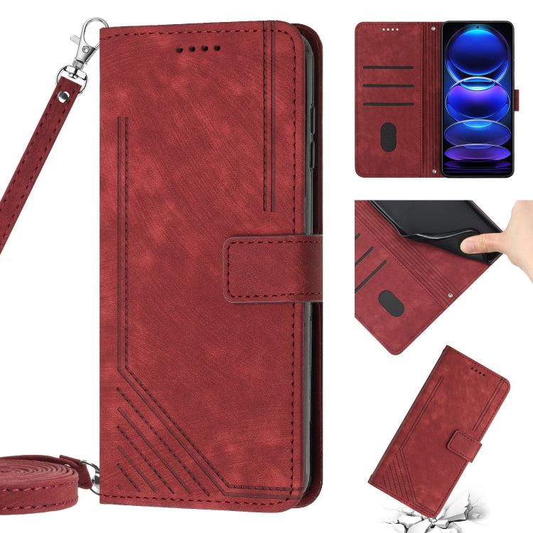 For Xiaomi Redmi 9C / 10A / Poco C31 Skin Feel Stripe Pattern Leather Phone Case with Lanyard(Red)