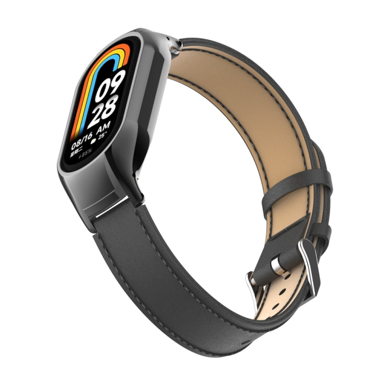 For Xiaomi Mi Band 8 Integrated Metal Case + Microfiber Sewing Leather Watch Band(Black)