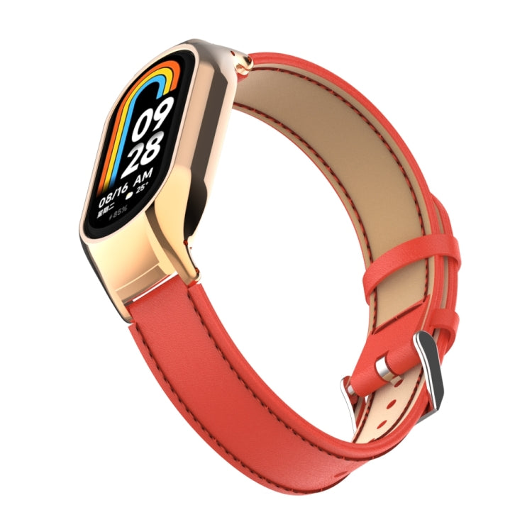 For Xiaomi Mi Band 8 Integrated Metal Case + Microfiber Sewing Leather Watch Band(Red)