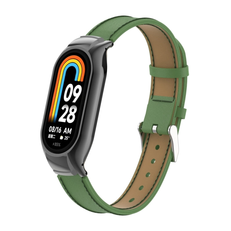 For Xiaomi Mi Band 8 Integrated Metal Case + Microfiber Sewing Leather Watch Band(Green)