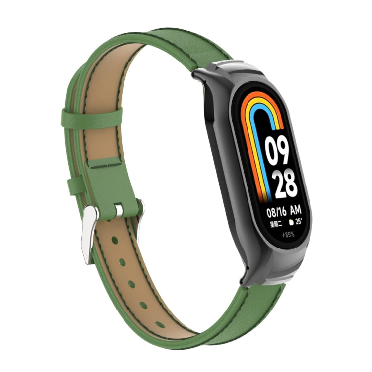 For Xiaomi Mi Band 8 Integrated Metal Case + Microfiber Sewing Leather Watch Band(Green)
