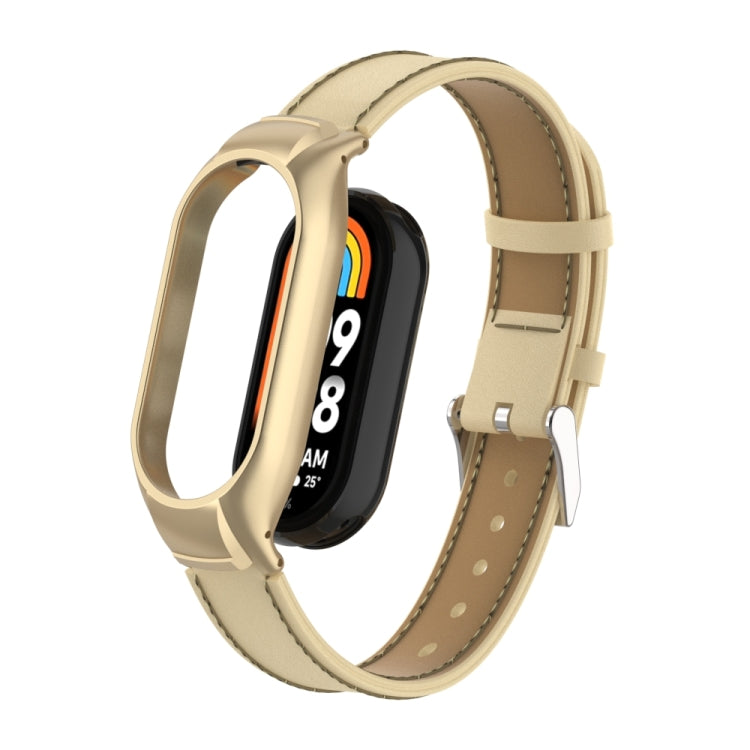 For Xiaomi Mi Band 8 Integrated Metal Case + Microfiber Sewing Leather Watch Band(Champagne)