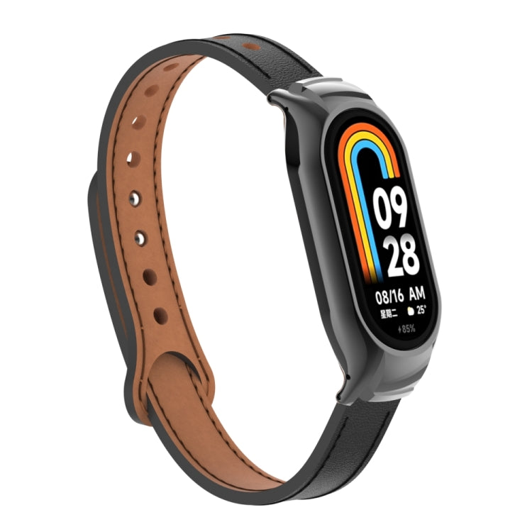 For Xiaomi Mi Band 8 Integrated Metal Case + Double Nail Microfiber Leather Watch Band(Black)