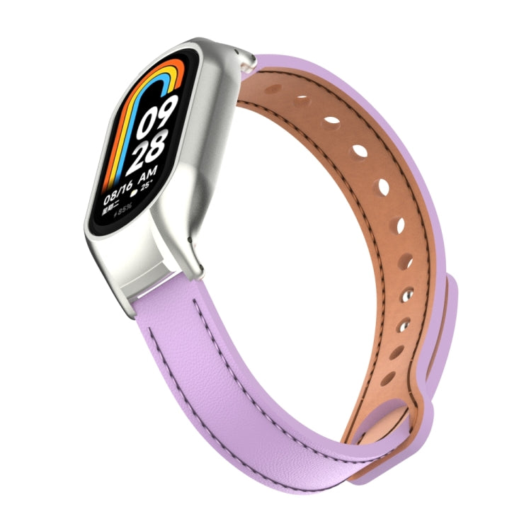 For Xiaomi Mi Band 8 Integrated Metal Case + Double Nail Microfiber Leather Watch Band(Pink Purple)