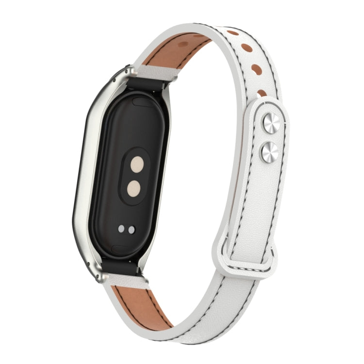 For Xiaomi Mi Band 8 Integrated Metal Case + Double Nail Microfiber Leather Watch Band(White)