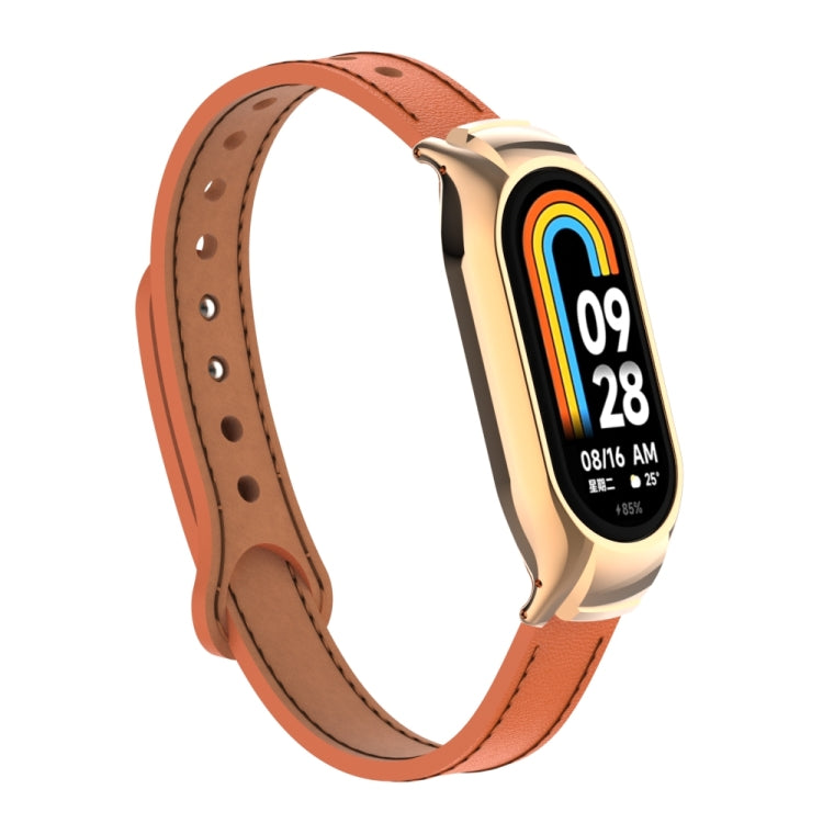 For Xiaomi Mi Band 8 Integrated Metal Case + Double Nail Microfiber Leather Watch Band(Orange)