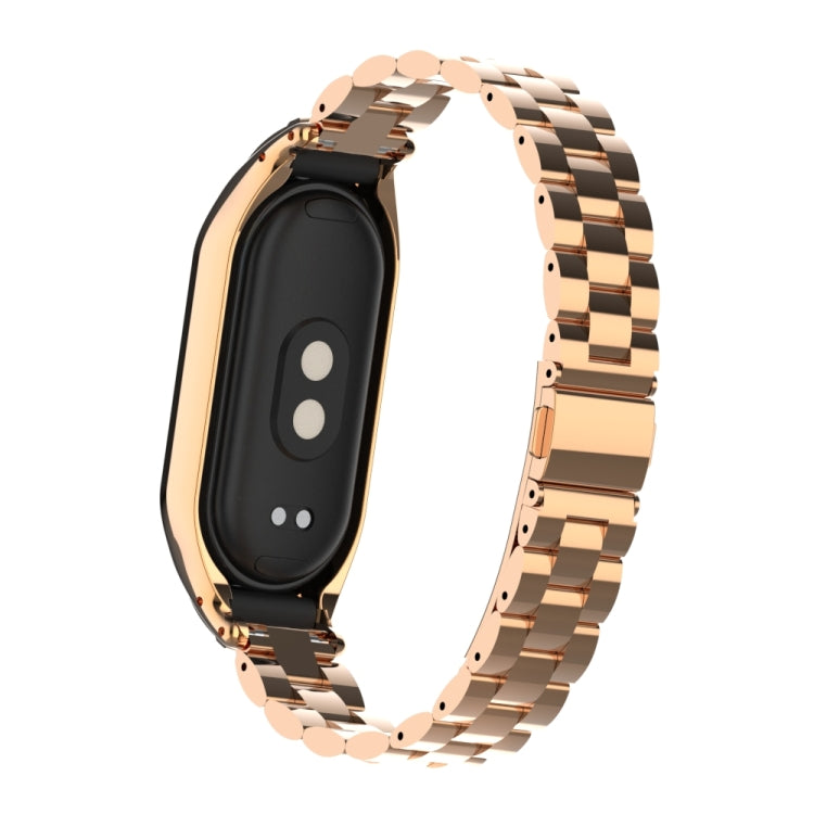 For Xiaomi Mi Band 8 Integrated Metal Case + Three-bead Watch Band(Rose Gold)
