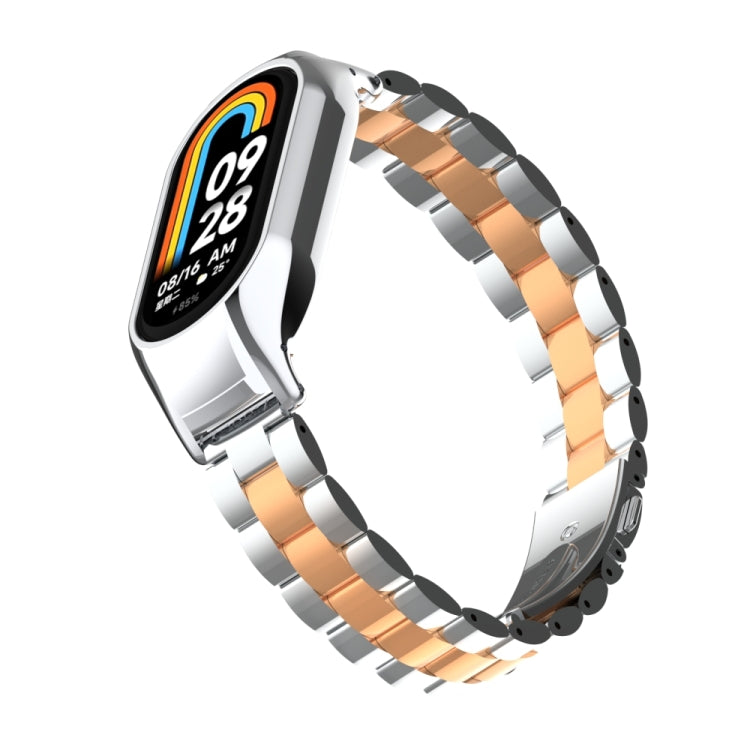 For Xiaomi Mi Band 8 Integrated Metal Case + Three-bead Watch Band(Silver+Rose Gold)