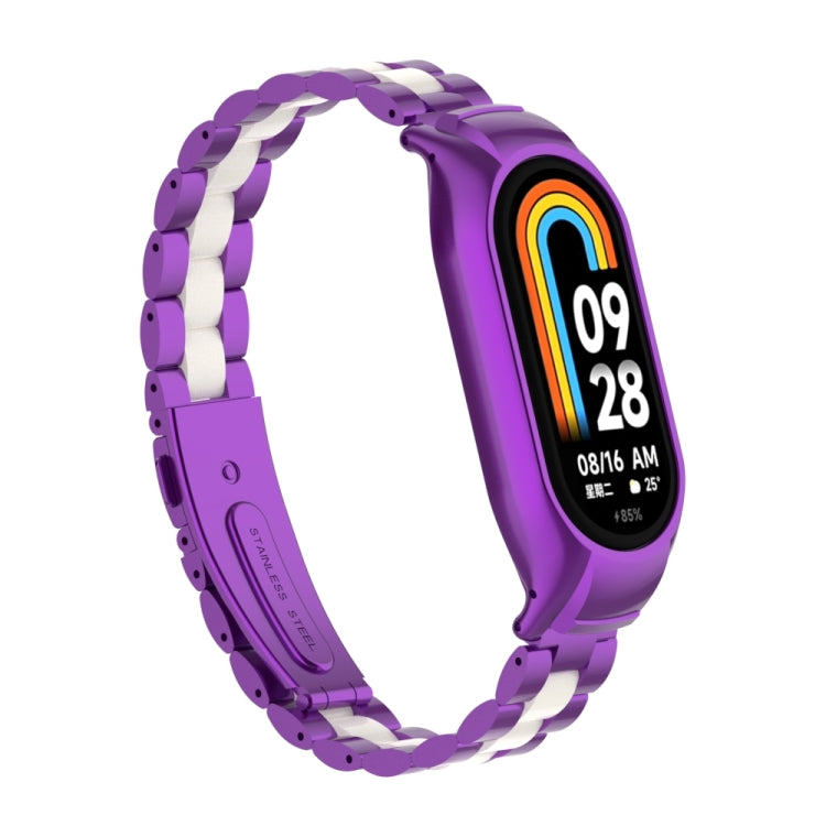 For Xiaomi Mi Band 8 Integrated Metal Case + Three-bead Watch Band(Purple+White)