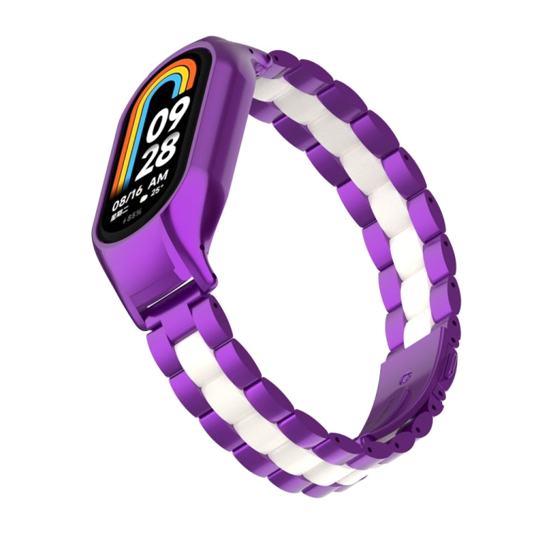 For Xiaomi Mi Band 8 Integrated Metal Case + Three-bead Watch Band(Purple+White)