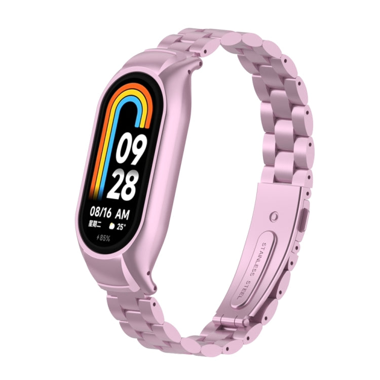 For Xiaomi Mi Band 8 Integrated Metal Case + Three-bead Watch Band(Rose Pink)