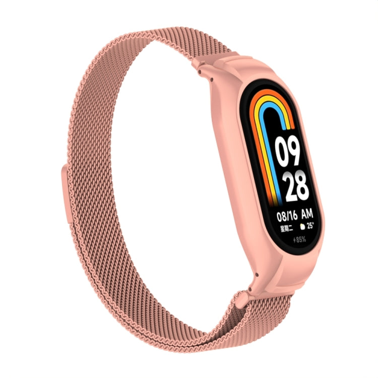 For Xiaomi Mi Band 8 Integrated Metal Case + Milanese Magnetic Watch Band(Bright Pink)