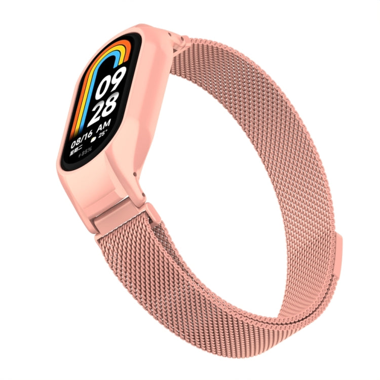 For Xiaomi Mi Band 8 Integrated Metal Case + Milanese Magnetic Watch Band(Bright Pink)