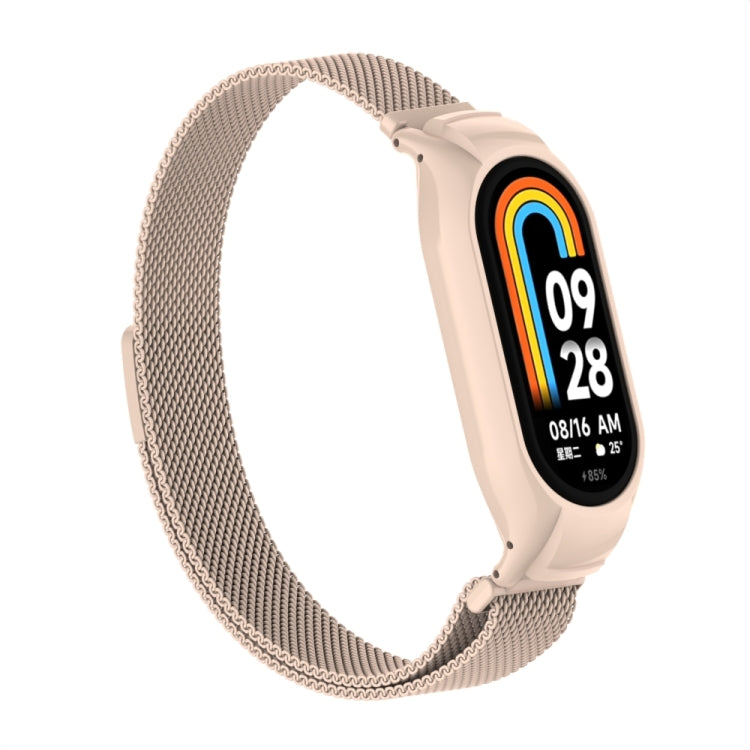 For Xiaomi Mi Band 8 Integrated Metal Case + Milanese Magnetic Watch Band(Lotus Pink)