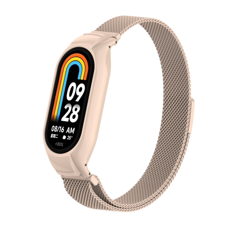 For Xiaomi Mi Band 8 Integrated Metal Case + Milanese Magnetic Watch Band(Lotus Pink)