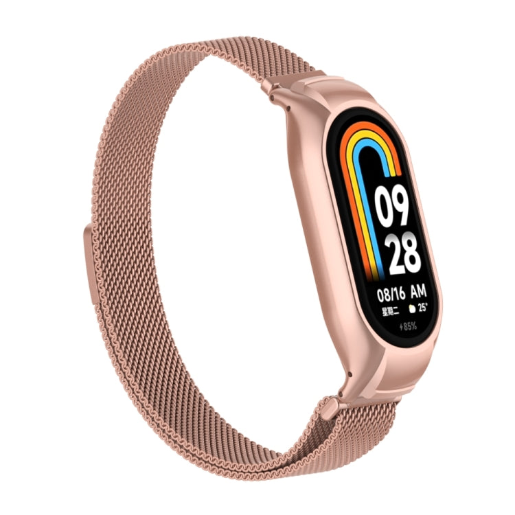 For Xiaomi Mi Band 8 Integrated Metal Case + Milanese Magnetic Watch Band(Rose Red)