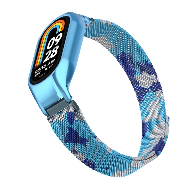 For Xiaomi Mi Band 8 Integrated Metal Case + Milanese Magnetic Watch Band(Camouflage Blue)