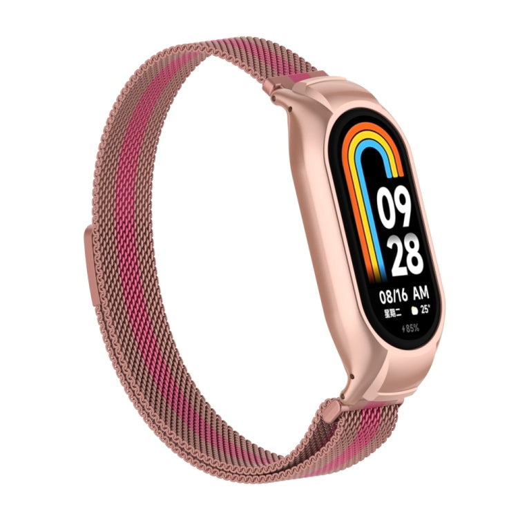 For Xiaomi Mi Band 8 Integrated Metal Case + Milanese Magnetic Watch Band(Rose+Pink)