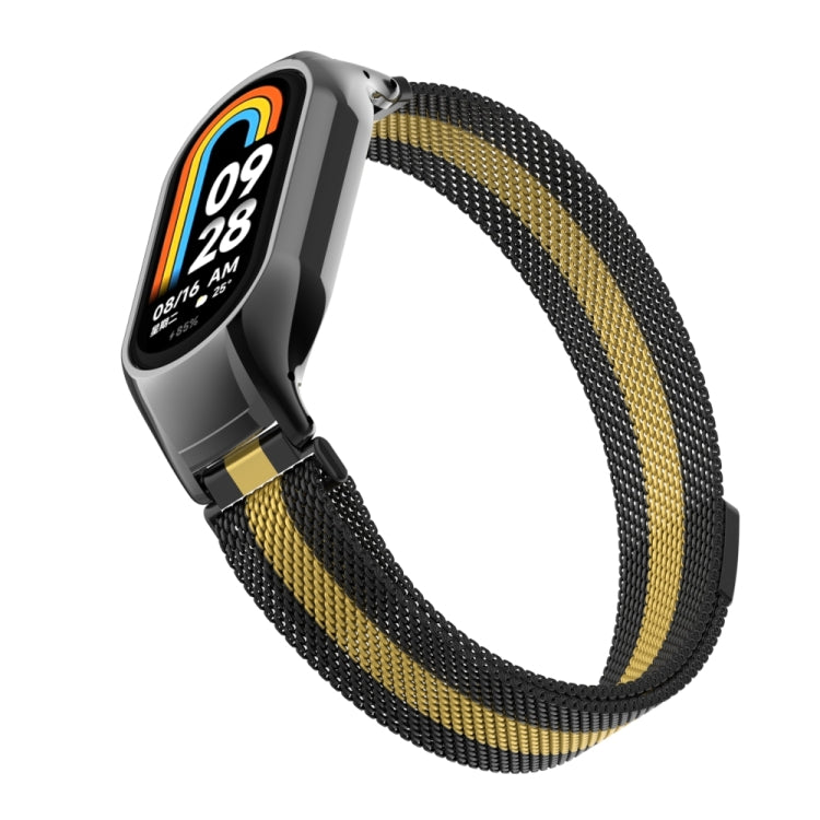 For Xiaomi Mi Band 8 Integrated Metal Case + Milanese Magnetic Watch Band(Black+Gold)