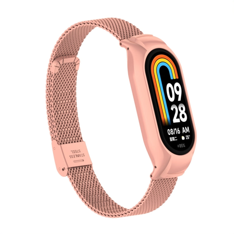 For Xiaomi Mi Band 8 Integrated Metal Case + Steel Mesh Buckle Watch Band(Bright Pink)