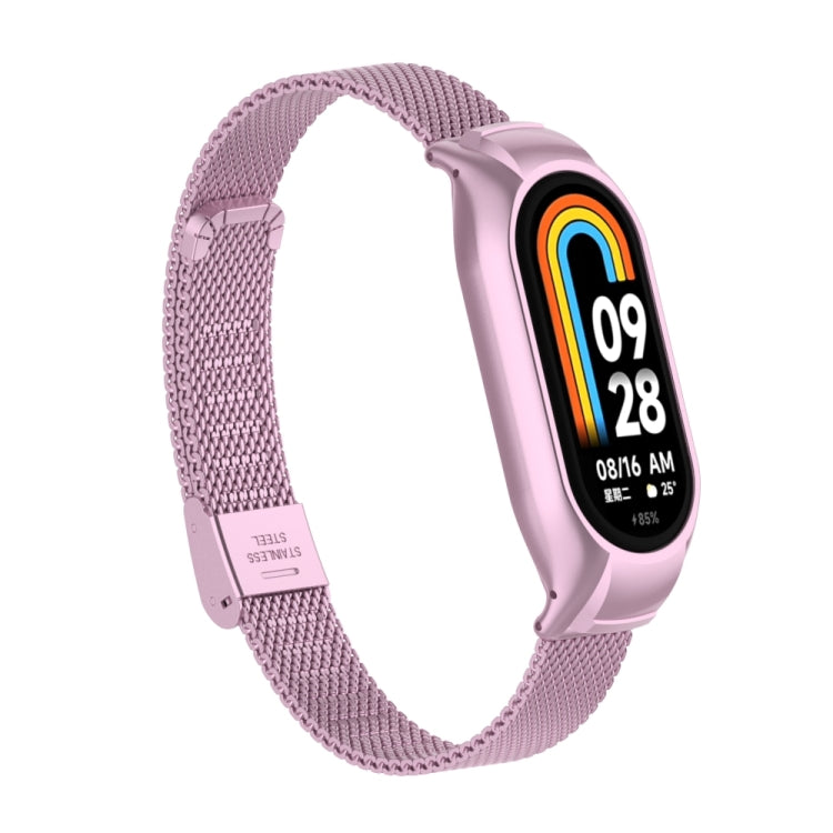 For Xiaomi Mi Band 8 Integrated Metal Case + Steel Mesh Buckle Watch Band(Rose Pink)