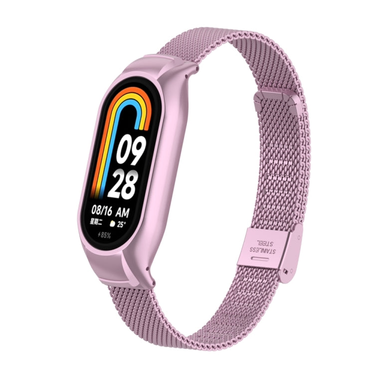 For Xiaomi Mi Band 8 Integrated Metal Case + Steel Mesh Buckle Watch Band(Rose Pink)