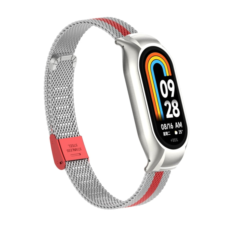 For Xiaomi Mi Band 8 Integrated Metal Case + Steel Mesh Buckle Watch Band(Silver+Red)