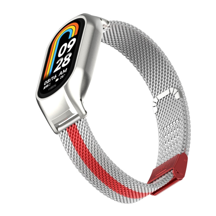 For Xiaomi Mi Band 8 Integrated Metal Case + Steel Mesh Buckle Watch Band(Silver+Red)