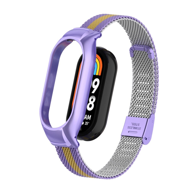 For Xiaomi Mi Band 8 Integrated Metal Case + Steel Mesh Buckle Watch Band(Purple+Gold)