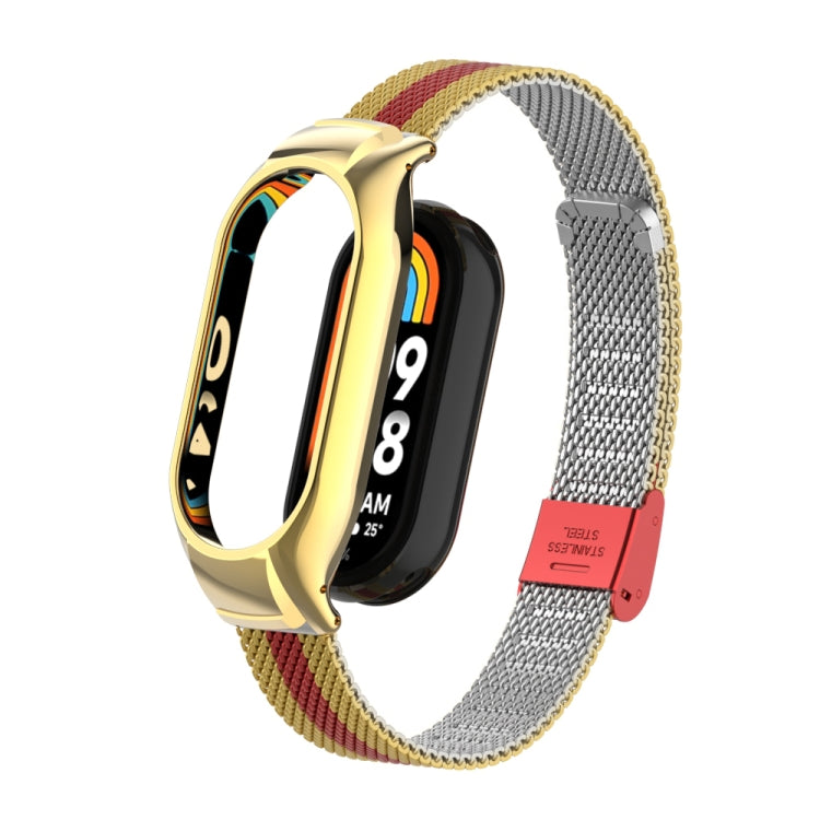 For Xiaomi Mi Band 8 Integrated Metal Case + Steel Mesh Buckle Watch Band(Gold+Red)