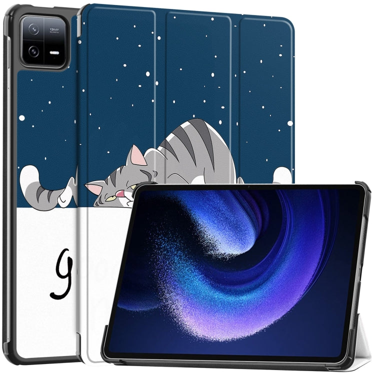 For Xiaomi Pad 6 / 6 Pro Custer Painted 3-Fold Stand Leather Smart Tablet Case(Lazy Cat)