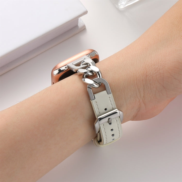 Chain Genuine Leather Watch Band For Apple Watch Series 8&7 41mm / SE 2&6&SE&5&4 40mm / 3&2&1 38mm, Size:L(Beige)
