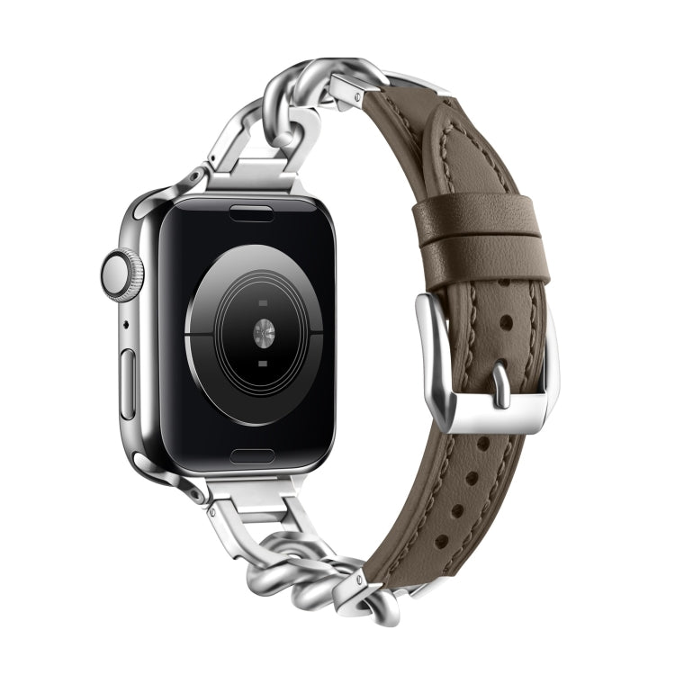 Chain Genuine Leather Watch Band For Apple Watch Ultra 49mm / Series 8&7 45mm / SE 2&6&SE&5&4 44mm / 3&2&1 42mm, Size:S(Dark Brown)