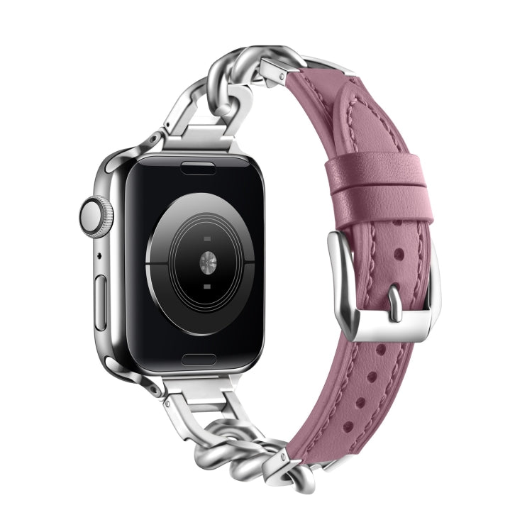 Chain Genuine Leather Watch Band For Apple Watch Ultra 49mm / Series 8&7 45mm / SE 2&6&SE&5&4 44mm / 3&2&1 42mm, Size:L(Bean Paste)