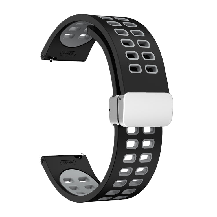 22mm Double-row Hole Folding Silver Buckle Two-color Silicone Watch Band(Black Grey)