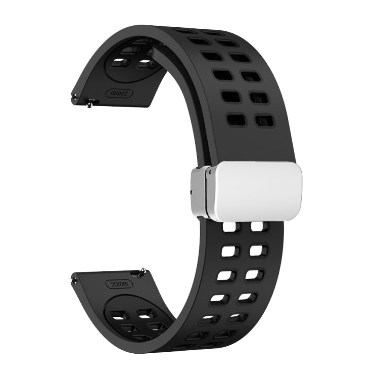 22mm Double-row Hole Folding Silver Buckle Two-color Silicone Watch Band(Black)