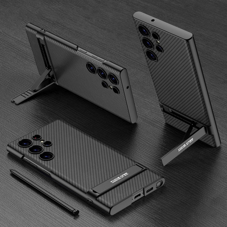 For Samsung Galaxy S23 Ultra 5G GKK Triumph Ultra-Thin Plain Leather Phone Case with Holder(Carbon Fiber)